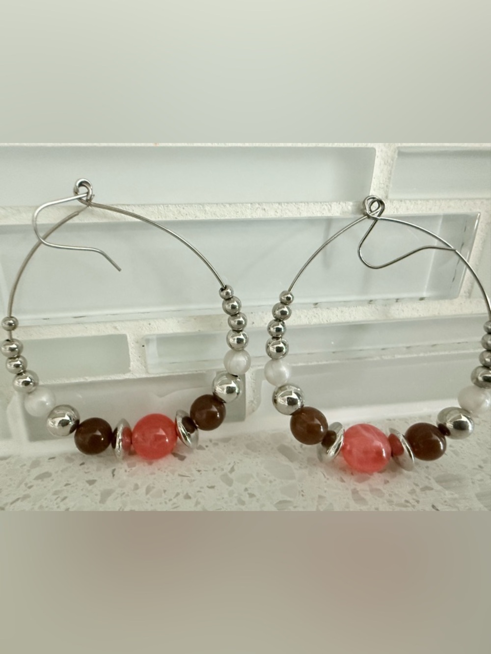 Express Silver Hoop Earrings with Brown, Coral and White Beads
